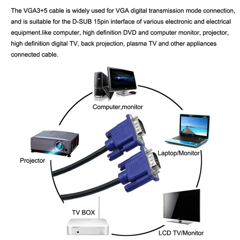 VGA To VGA Cable 15 Pin Male To Male Video Extension Converter Connector vga cable adapter,vga cable for Computer Monitor Screen Projector PC TV Adapter
