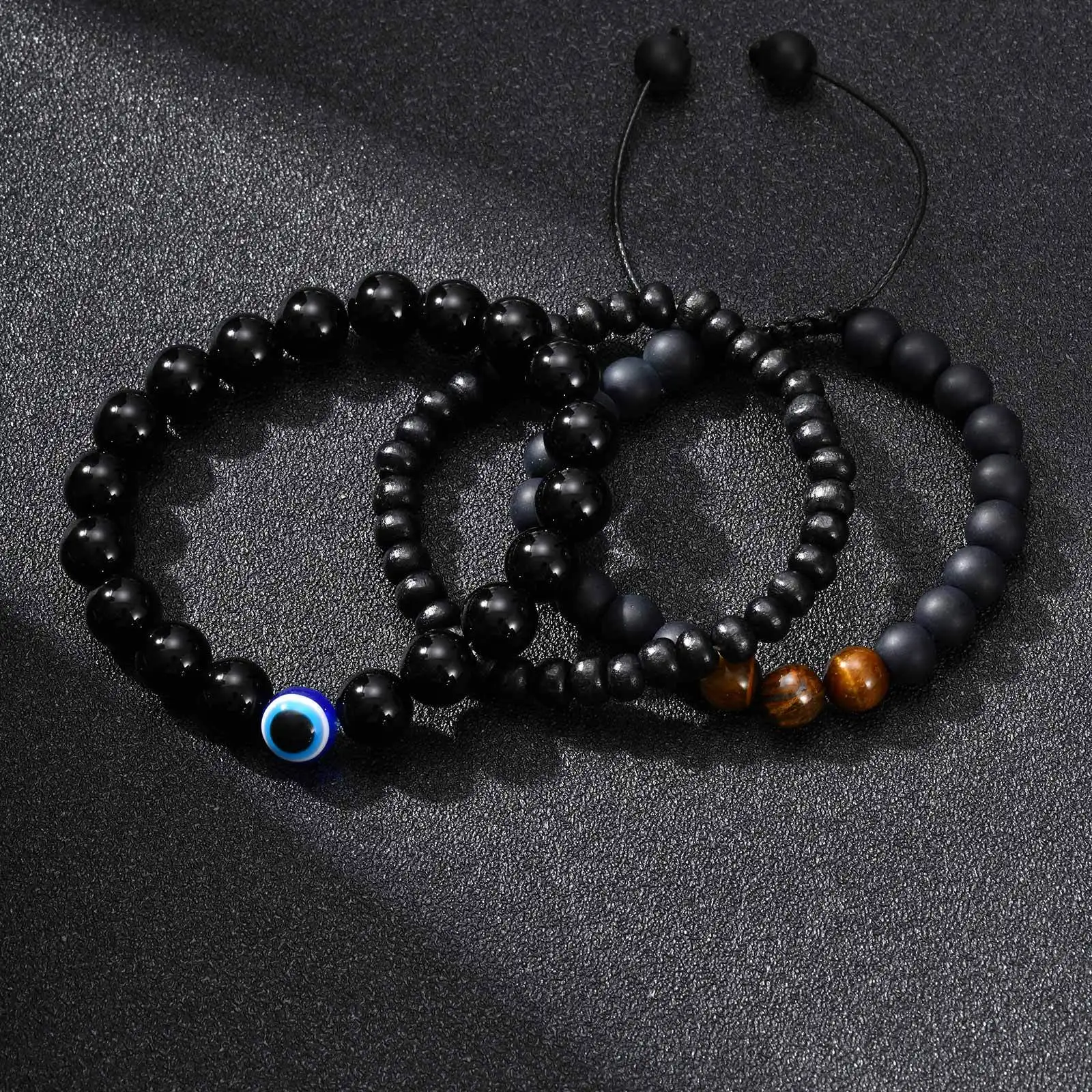 3pcs Black Beaded Bracelet for Men,Natural Agate Wooden Bead Wristband,Punk Stacked Bead Bracelet Gift