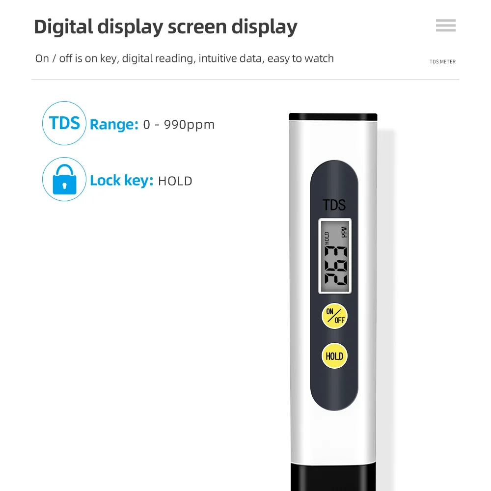 Portable TDS Meter LCD Digital Water Quality Tester 0-990PPM TDS Test Pen Water Purity Detector for Drinking Pool Aquarium
