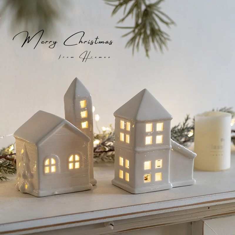 White Porcelain Christmas LED Lighted White Houses Decor Miniature Christmas Village Houses Snowflake Glowing Castle