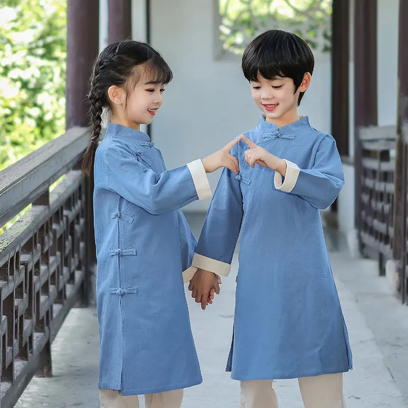

Boys And Girls New Retro Red Chinese Style Vintage Button Tang Suit Traditional Ancient Hanfu Two Piece Set Role Play Costume
