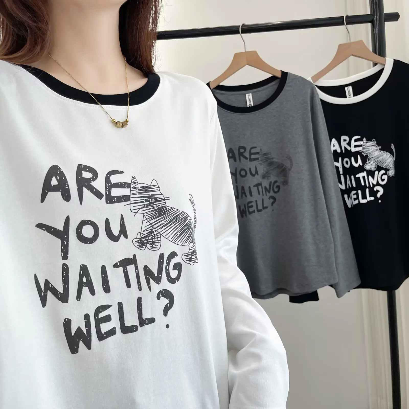 XXXXL Fashion Plus Size Women's T-Shirt Autumn New Simple Color Block Collar Printed Long Sleeved Tops 7036