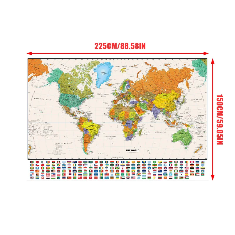 World Map 150x225cm Decorative Hanging Picture Education Office School Supplies Home Wall Decor