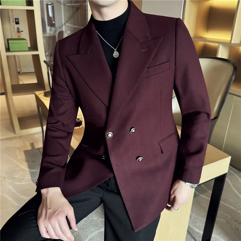 Double Breasted Blazer Jackets Men High Quality Plain Color Mens Casual Blazers Slim Fit Business Formal Wear Luxury Suit Coats