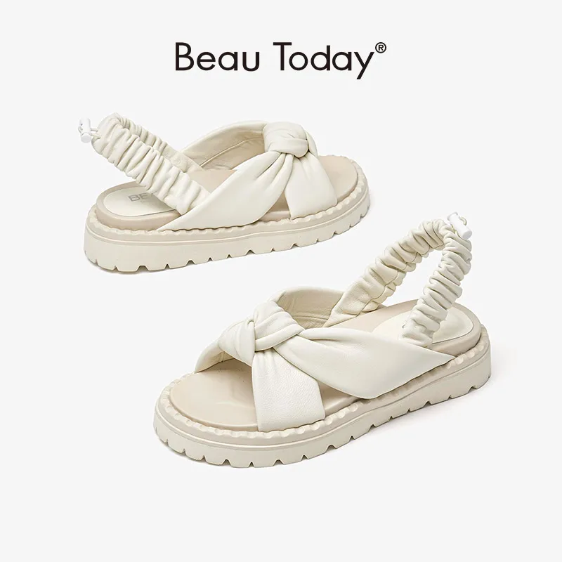 

BeauToday Platform Sandals Women Slingback Open Toe Butterfly-Knots Elastic Band Slip On Summer Female Shoes Handmade 34538