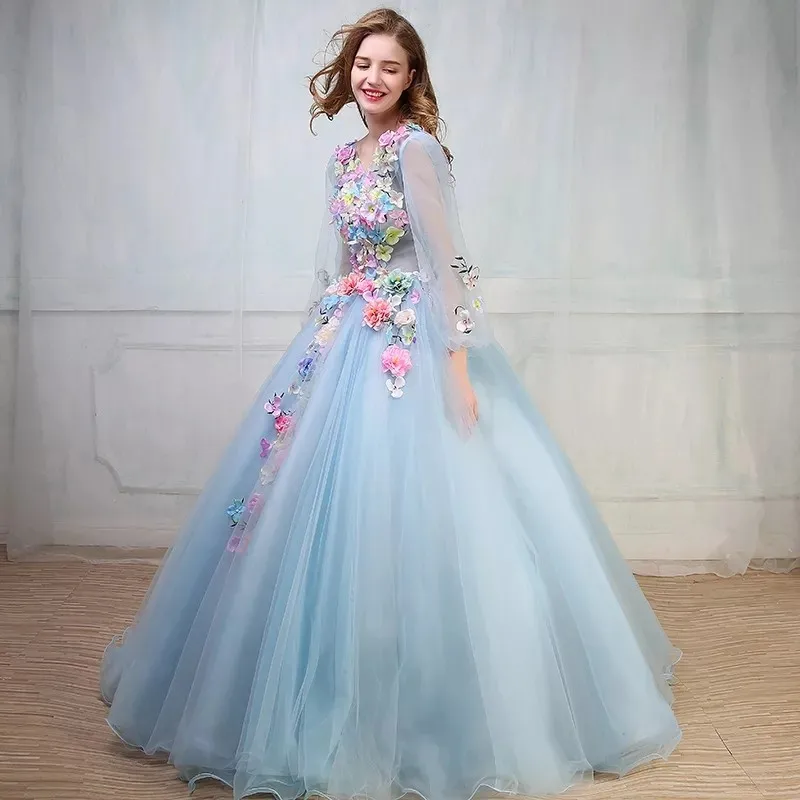 

Quinceaneras Blue New V Neck Long Sleeve Quinceanera Dresses Lace Flower Fairy Plus Size Lace Up Custom Made Prom Gown L
