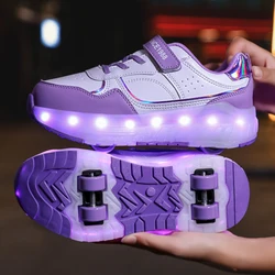 Luminous LED Light-Up Roller Sneakers with Rechargeable Wheels - 30 (LB-9988-Purple)