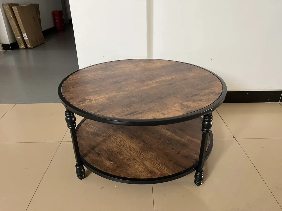 Round Rustic Wood Coffee Table with Sturdy Metal Legs 2