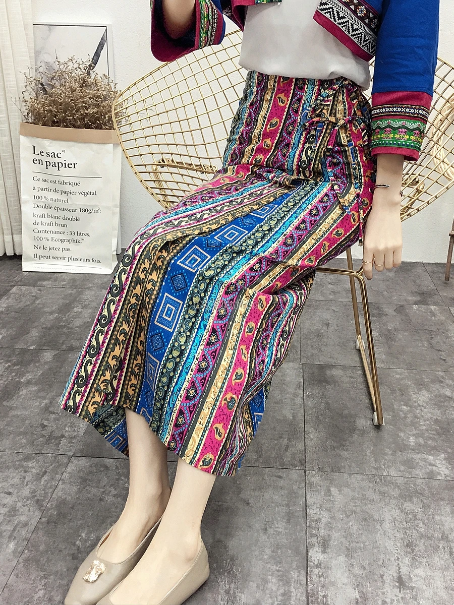 

2024 Китайская Этническая хлопковая льняная юбка с принтом для путешествий Праздничная сплошная юбка на шнуровке средней длины для женщин на осень t001