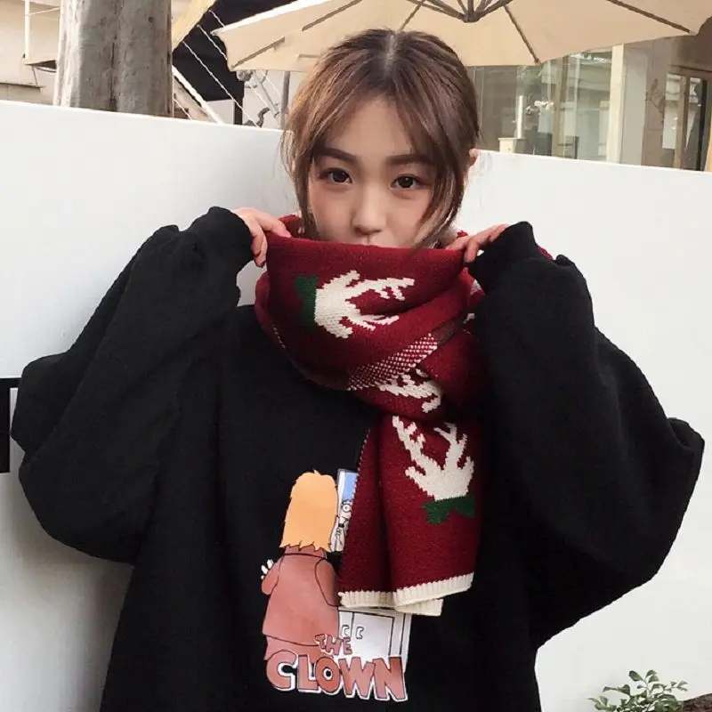 Christmas New Elk Scarf Female Cute Girl Student Korean Style Versatile Winter Wool Knitted Warm