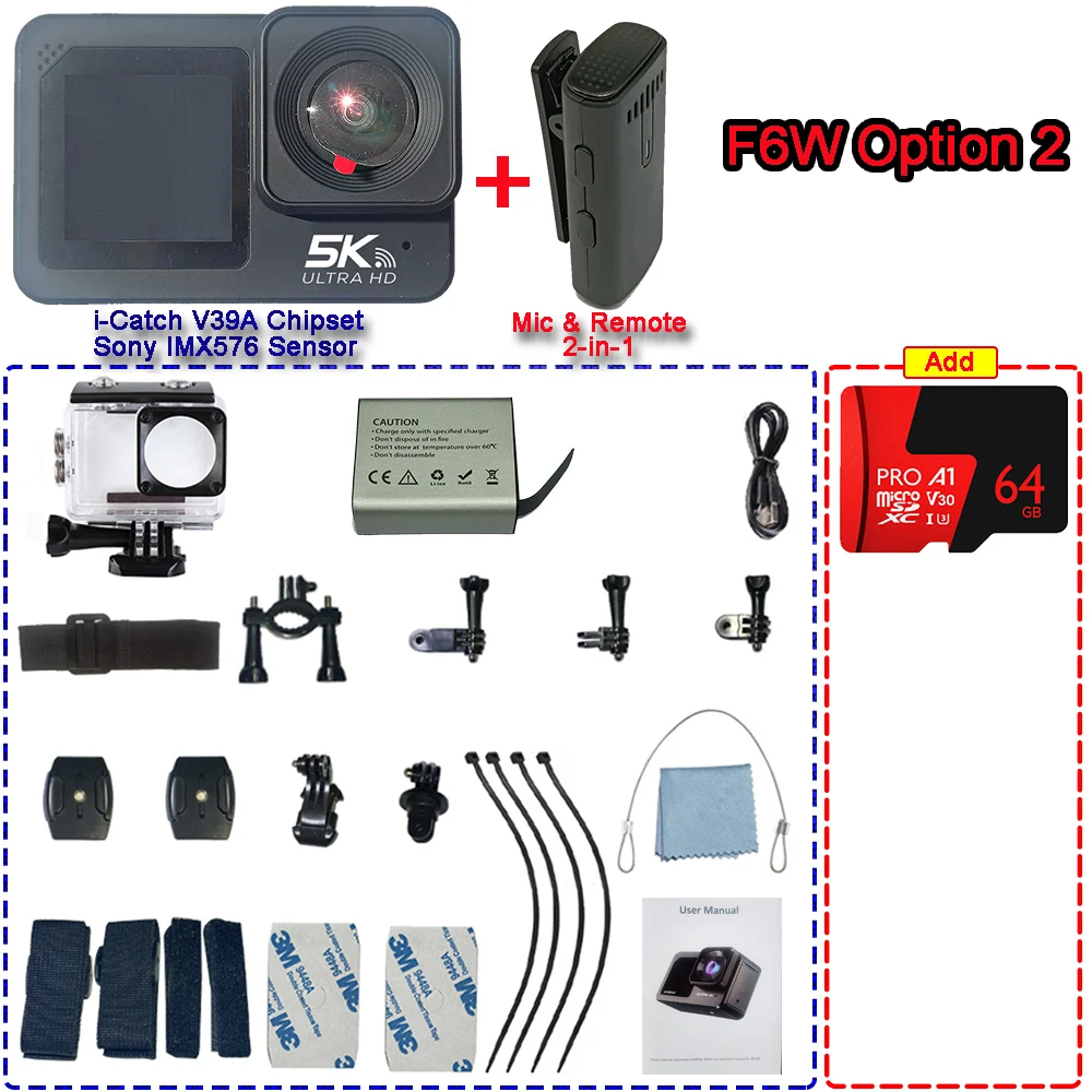 thumbnail image 1 of Cámara de acción con micrófono inalámbrico F6W, 5K, 4K60FPS, 48MP, 2,2 ", LCD táctil, EIS, pantalla Dual, Wi-iFi 170D, resistente al agua, 30M, 8X, Zoom, cámara preescolar, 1 of 4