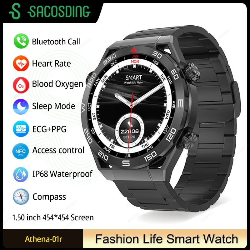 

For Android 2023 NFC Smart Watch Men GPS Track 454*454 HD Screen Compass Heartrate Bluetooth Call IP68 Waterproof Smartwatch New