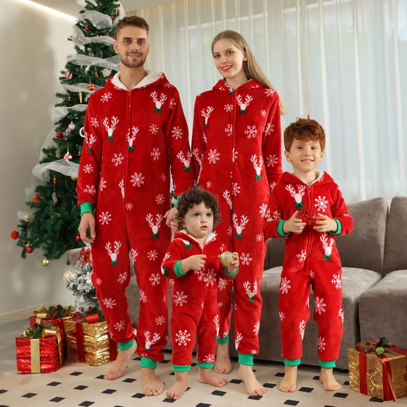 Family Christmas Flannel Pajamas Warm Thick Sleepwear Allover Print Parent-Child Matching Outfits Zipper Hooded Romper Xmas Look