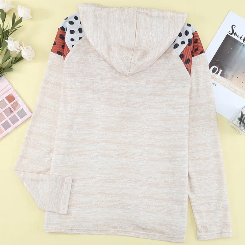Spring Autumn Fashion Hooded Sweatshirt Apricot Pullover Casual Hoodies for Ladies Long Sleeve Tops Dot Print Patchwork Jumper