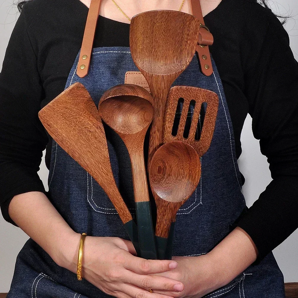 Wooden Kitchenware Set Long Handle Spatula Rice Scoop Vegetable Meat Cooking Shovel Mixing Spoons For Nonstick Pan Kitchen Tools