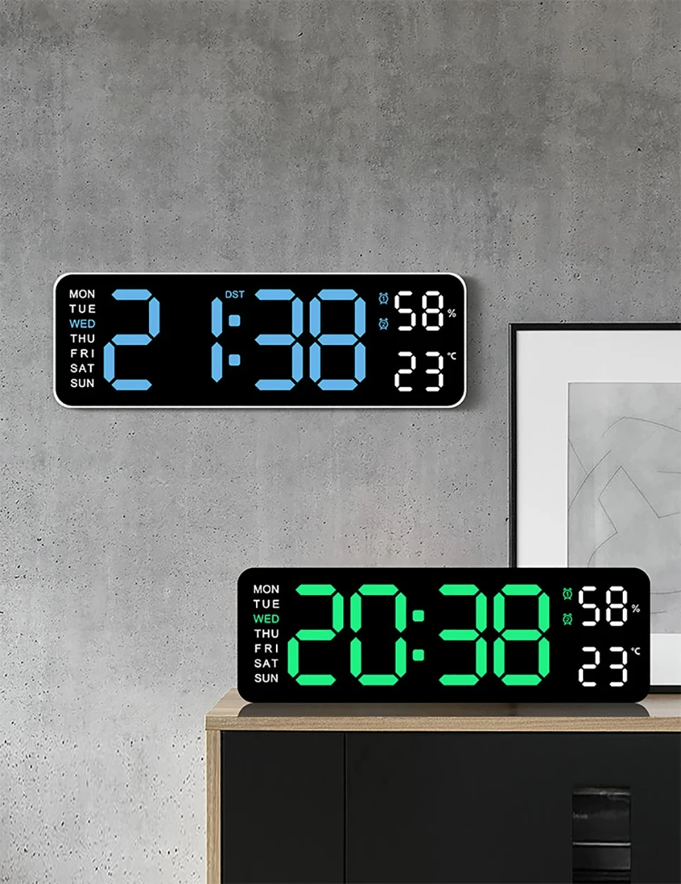 LED Digital Wall Clock Date Time Week Temperature Humidity Display Brightness Adjustable 2-Alarm Electronic Alarm Clock For Home