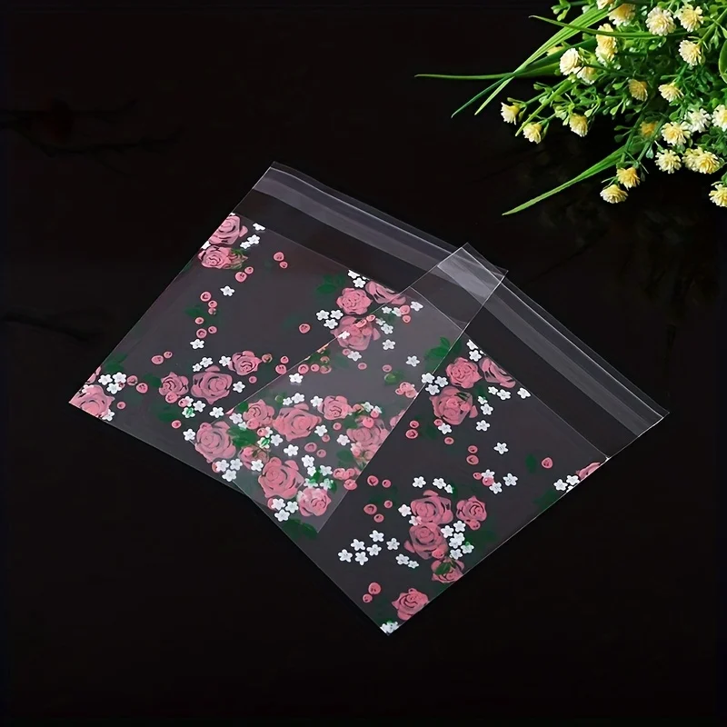 

300pcs Two Sizes Baking Packaging Green Leaf Roses Self-adhesive Bag Moon Cake Biscuits Candy Packaging Bag