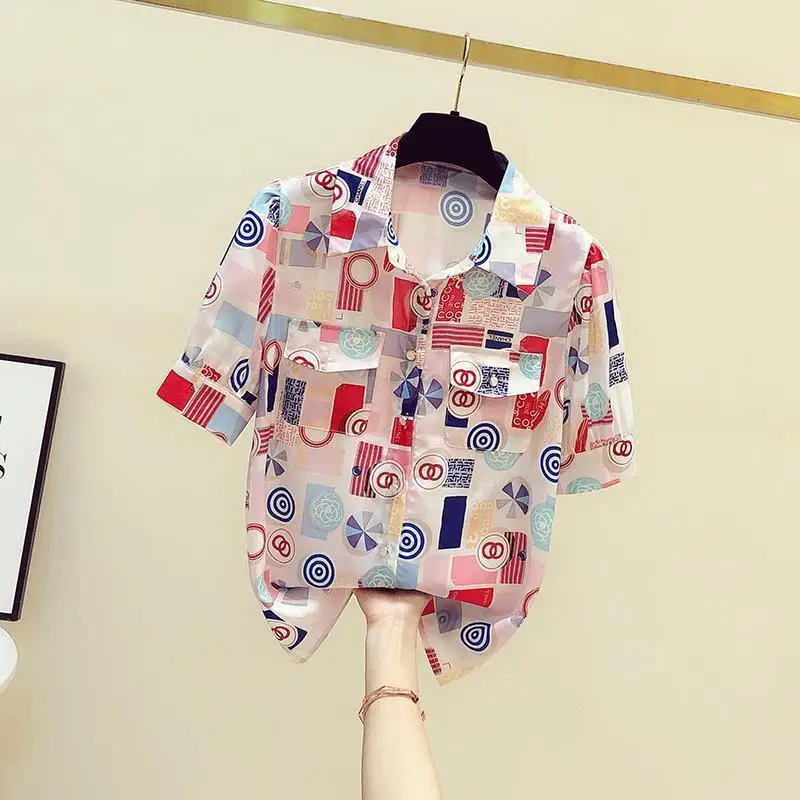 Retro Summer Printed Women's POLO Collar Pocket Fashion Versatile Short Sleeved Loose Single Row Multi Button Chiffon Shirt Tops