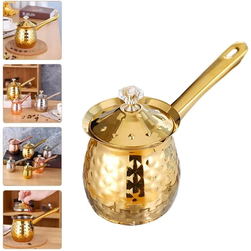 Gold Hammered Milk Pot Stainless Steel Turkish Coffee Pot with Lid Long Handle Saucepan Butter Melting Pot Kitchen Tools