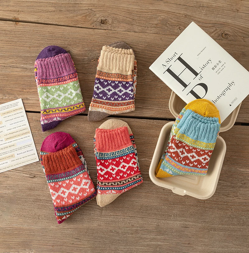 5 Paare/los Neue Witner Dicke Warme Frauen Socken Vintage Weihnachten Socken Bunte Socken Geschenk Freie größe YM7020 – Detail 13