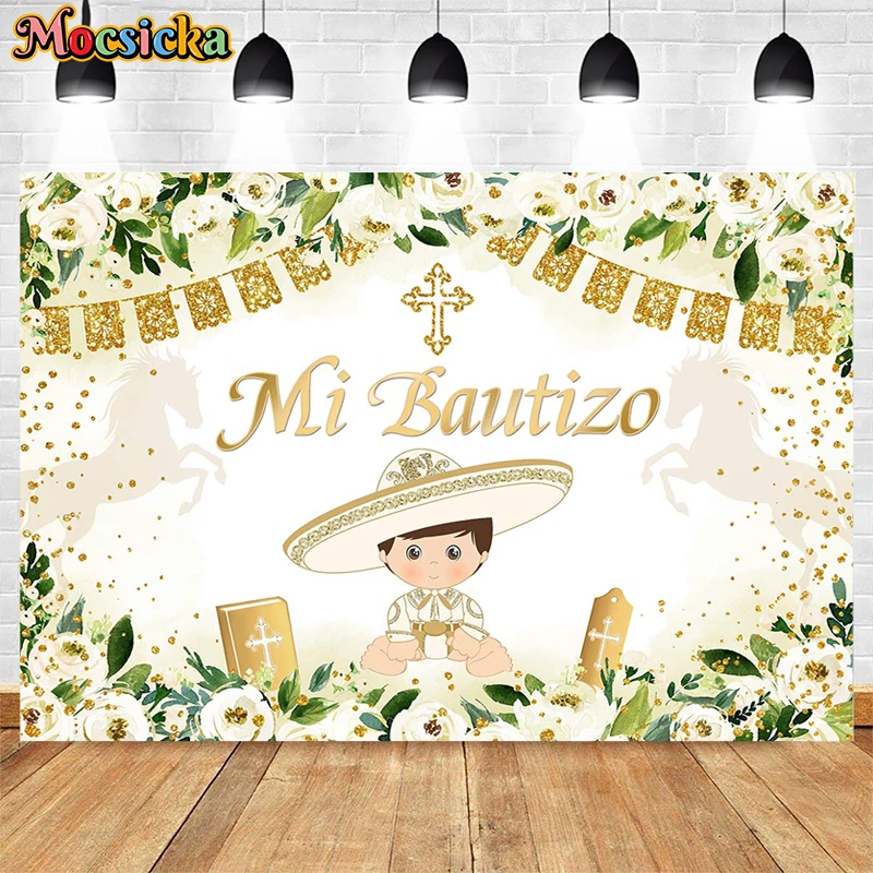 

Mocsicka Mi Bautizo Newborn Baptism Backdrop Boy First Communion Party Decor Cross White Flower Christening Background Photocall