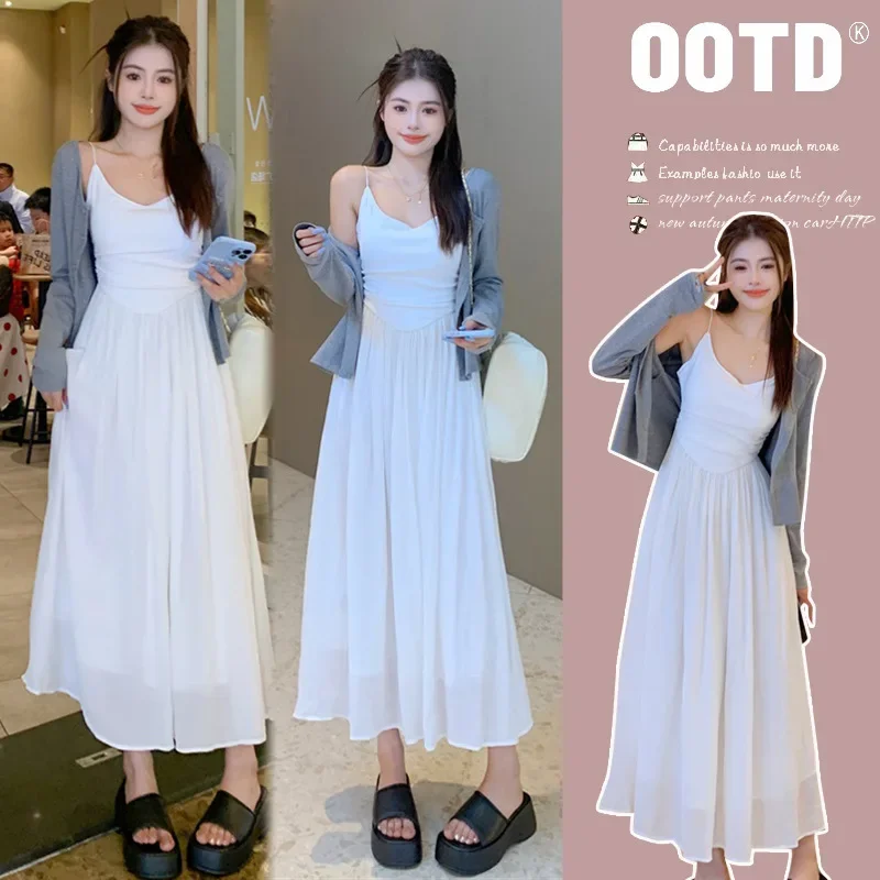 Maternity Dress Set Casual Knitted White Strap Dress plus Outerwear Comfortable Maternity Wear for Pregnant Women