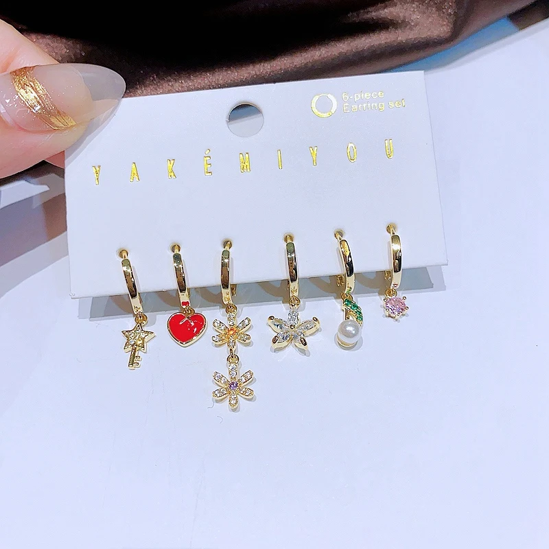 MIGGA 6pcs Mix and Match Huggie Earrings Set Gold Color Zircon Heart Flower Dangle Earrings for Women 5