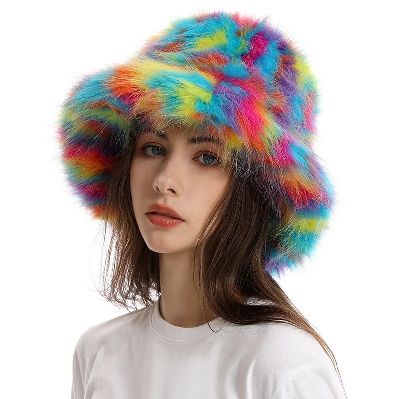 

2023 y2k Fluffy Faux Fur Bucket Hat Women Rabbit Fur Warm Thick Plush Winter Hat Lady Luxury Fashion Furry Panama Fisherman Cap