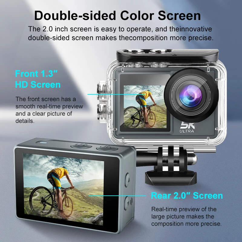 Caméra d'action 5K Ultra HD avec double écran et 64Go, utilisée en vlog avec l'écran avant retourné