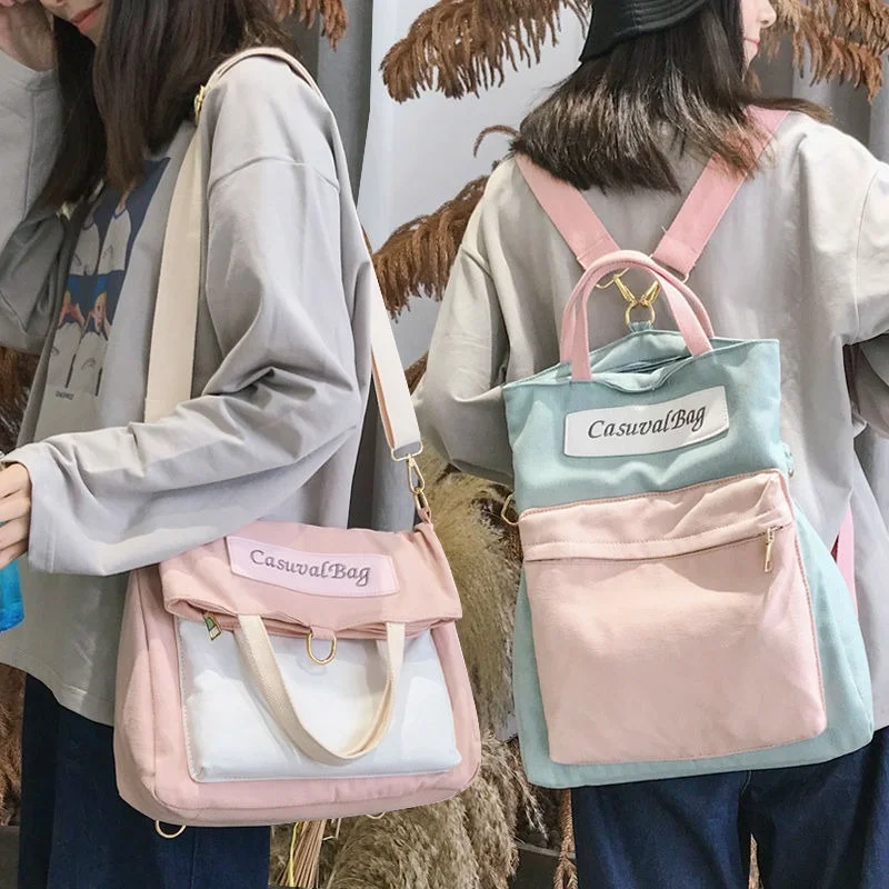 인스타그램 스타일 스티칭 캔버스 가방, 다목적 배낭, 여성 메신저 가방, 학생 숄더백 