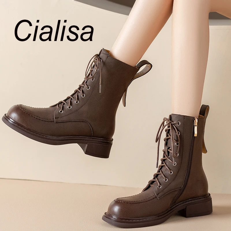 

Cialisa Women Short Boots 2023 Newest Autumn Winter Shoes Round Toe Lace Up Zipper Genuine Leather Fashion Mid Heels Ankle Boots