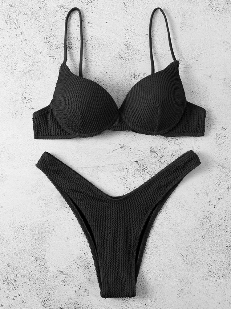 Sexy Underwire Bikini 2026 Women Black Ribbed Push Up Bra Thong Swimsuit Brazilian Beach Bathing Suit Holiday Swimwear Biquini