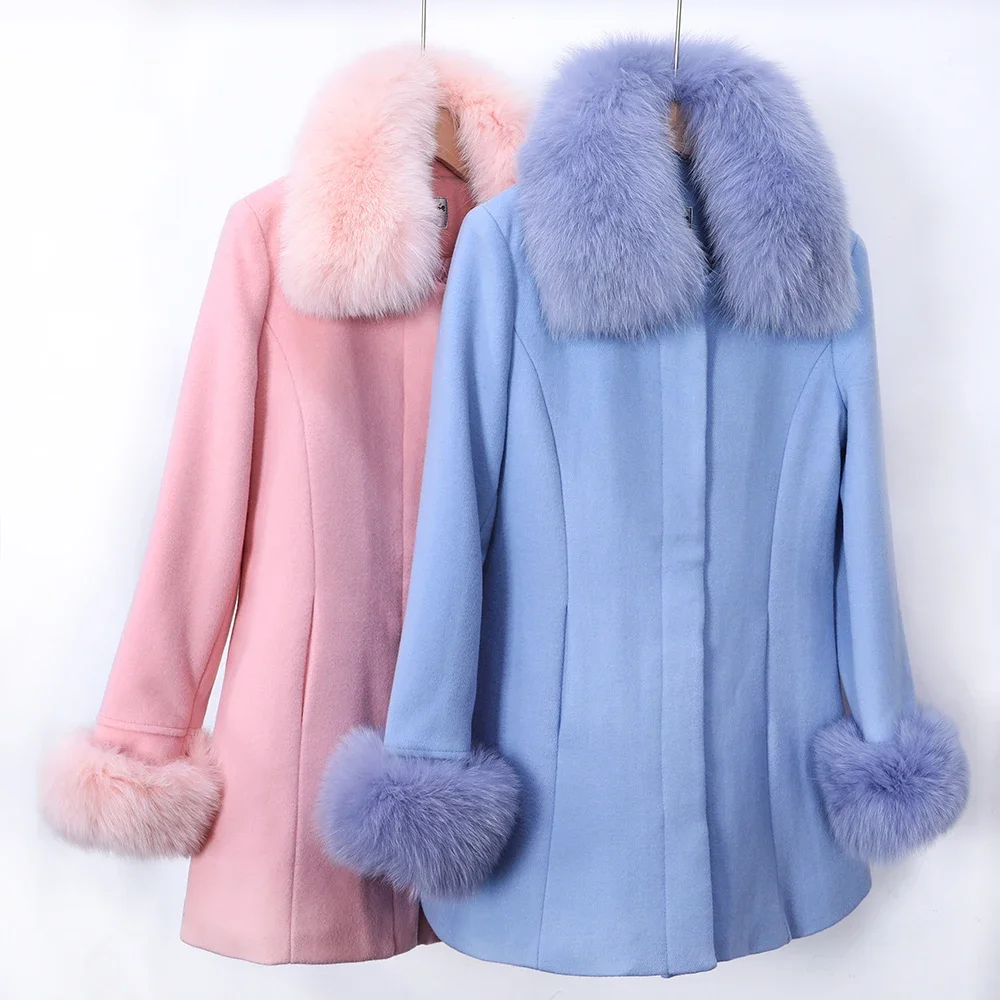 

MAOMAOKONG Brand Store Autumn and Winter Ladies Coat Wool Coat Natural Real Fox Fur Collar Outdoor Jacket Top