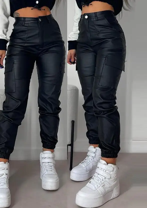 Women's Long Pant 2023 Personalized Street Trends Pocket Design Cuffed Pu Leather Pants Autumn Winter High Waist Leather Pants illusion in design new trends in architecture and interiors