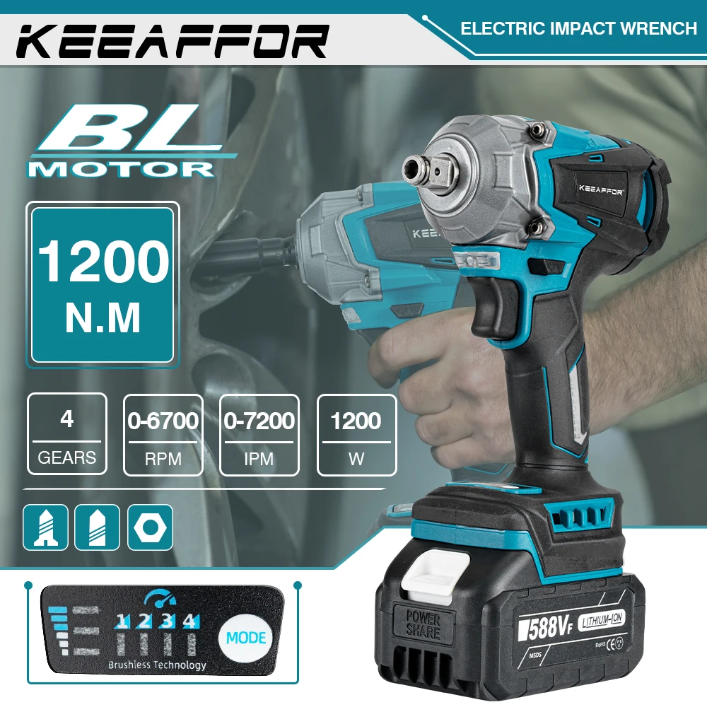 

KEEAFFOR 1200N.M Torque Brushless Electric Impact Wrench 1/2 Inch Cordless Screwdriver Electric Drill For Makita 18V Battery