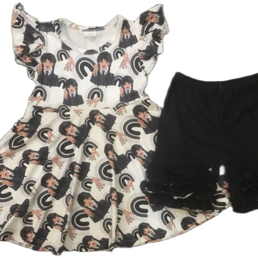 

Best Selling Hot Sale Wednesday Style Girl Kid Clothing Pearl Dress Top Shorts Two-piece Set