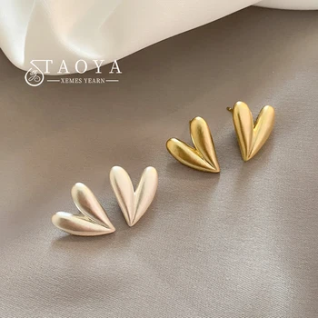 Simple Design Frosted Brushed Metal Heart-shaped Stud Earrings a Versatile Daily Accessory for Girls in 2025 Fashion Jewelry