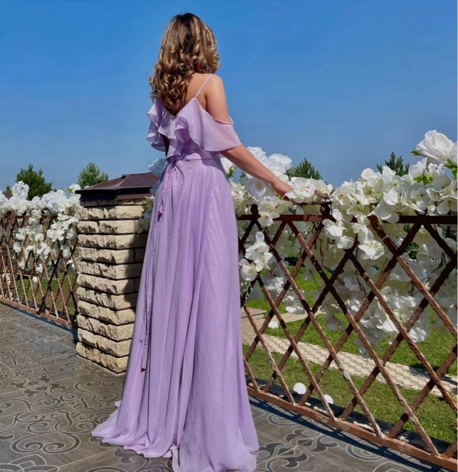 

Lilac robe demoiselle d honneur femme A-line Spaghetti Wedding Party Dress with Pleated Top High Split Maid of Honor Gown