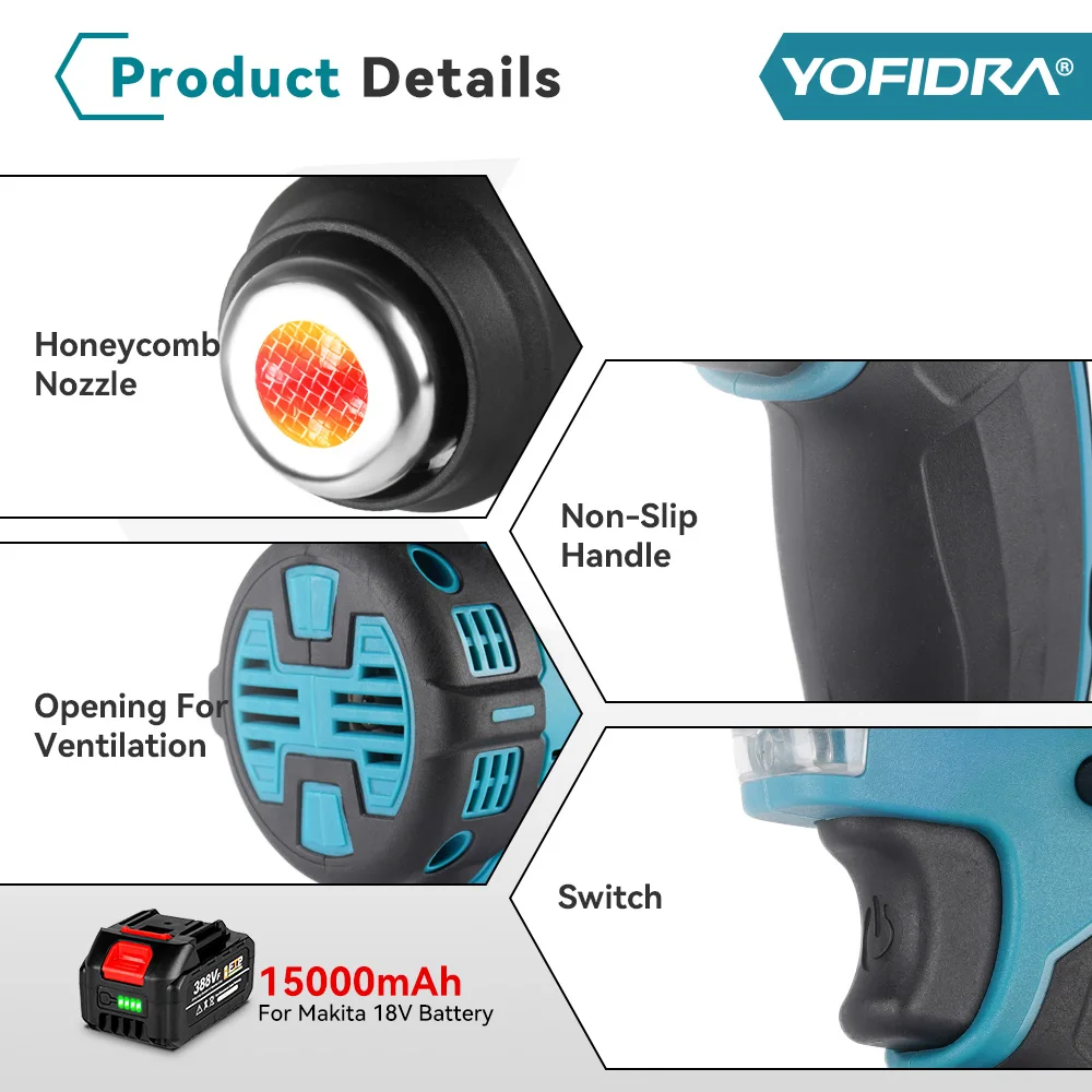 YOFIDRA 2000W Electric Heat Gun for Makita 18V Battery Cordless Handheld Hot Air Gun with 3 Nozzles Industrial Home Hair Dryer 6