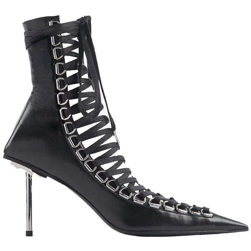 

Spring And Summer New Black Leather Hollow Female Cool Boots Large Size Satwalk Catwalk Personality Short Boots Customization