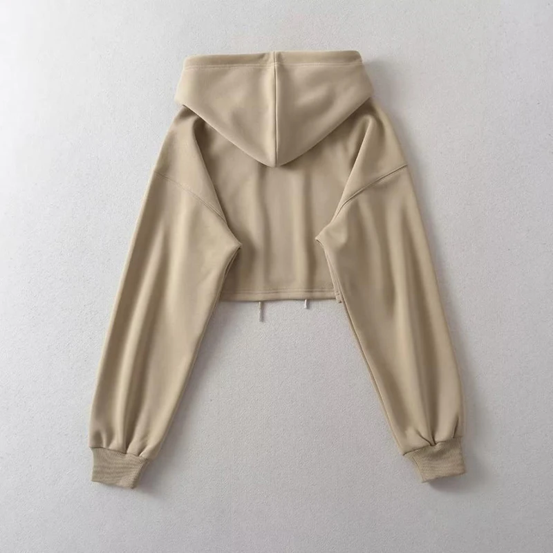 Sexy Short Hooded Sweatshirts Women Fashion Solid Color Long Sleeve Crop Tops Korean Streetwear Pullover Hoodies Female 6