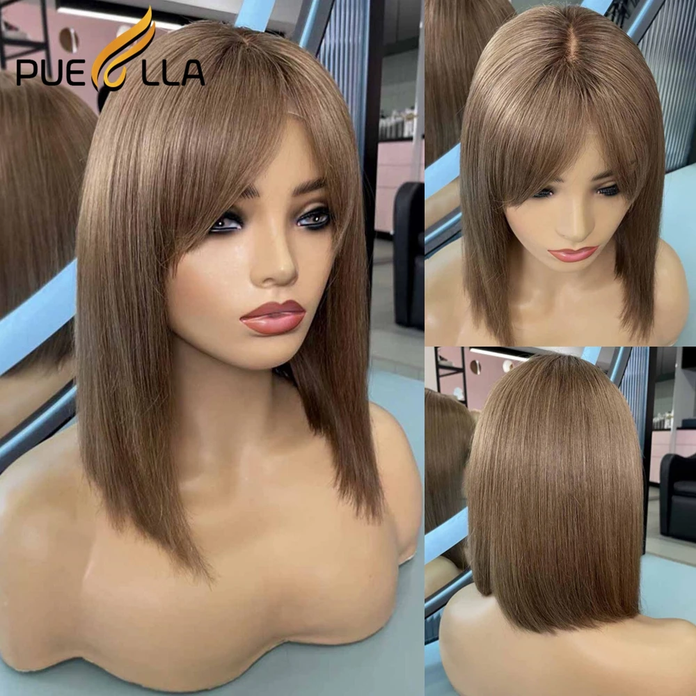 

Ash Blonde Colored New 13X4 Lace Front Short Bob Human Hair Wig With Bangs Glueless Pixie Cut 13X6 Frontal Wigs For Women