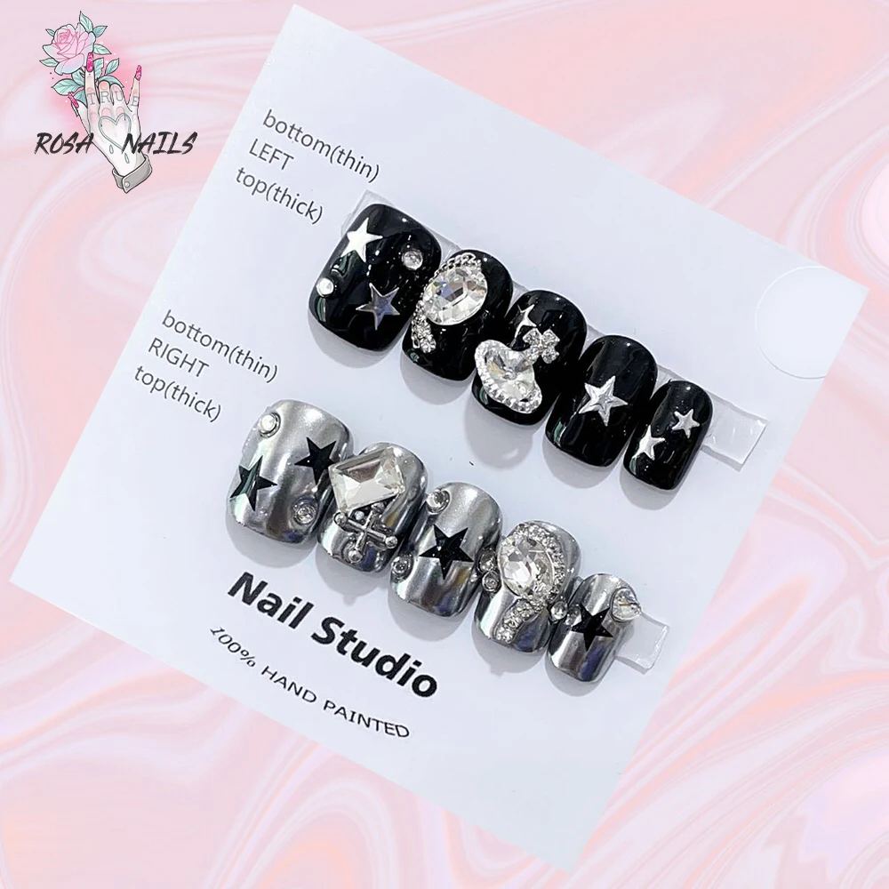 Silver Star Fake Nail Pressons Short Square Clear Strass Punk Tip Saturn Stars False Tips Presson Y2K Black Press On Nails
