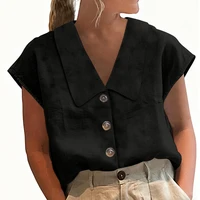 Women's Cotton Linen Buttoned Lapel Blouses 2026 New Summer Cap Sleeves Loose Fit Minimalist Casual Office Work Tops - Image 2