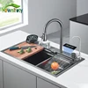 Hownifety Waterfall Sink Kitchen Stainless Steel Topmount Sink Large Single Slot Wash Basin With Multifunction Waterfall Faucet 1