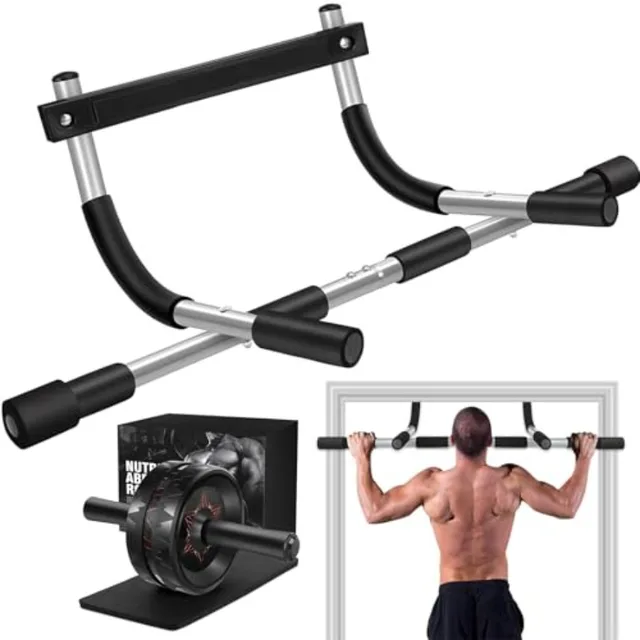 Home Gym Workout Set Ab Roller Wheel with Knee Pad and Doorway Pull Up Bar, Full Body Strength Training Equipment for Core, Abs