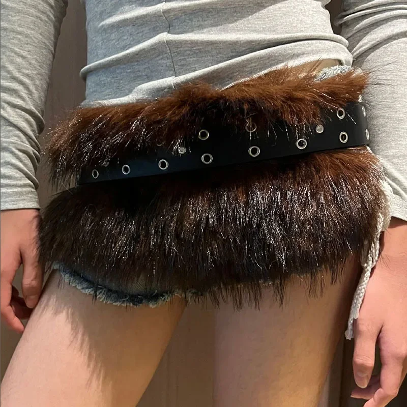 Vintage Y2K Faux Fur Punk Waistband with Metal Bead Chain