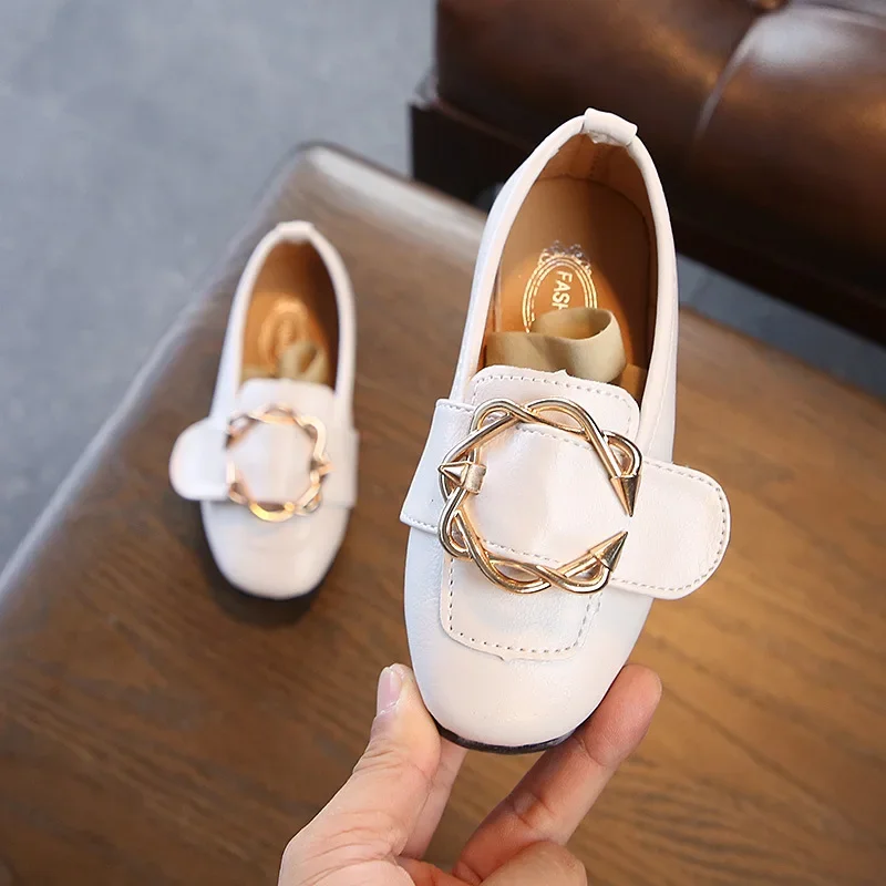 Spring Autumn Children's Leather Shoes Metal Buckle Girls Single Shoes Flat Heel Fashion Casual Shoe Soft Sole Kids