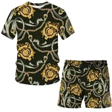 

Summer 2022 New Male Luxury 3D Print Suit Pattern T-shirt Short Sleeve + Casual Shorts Men\Women Streetwear Crown Clothing Tops