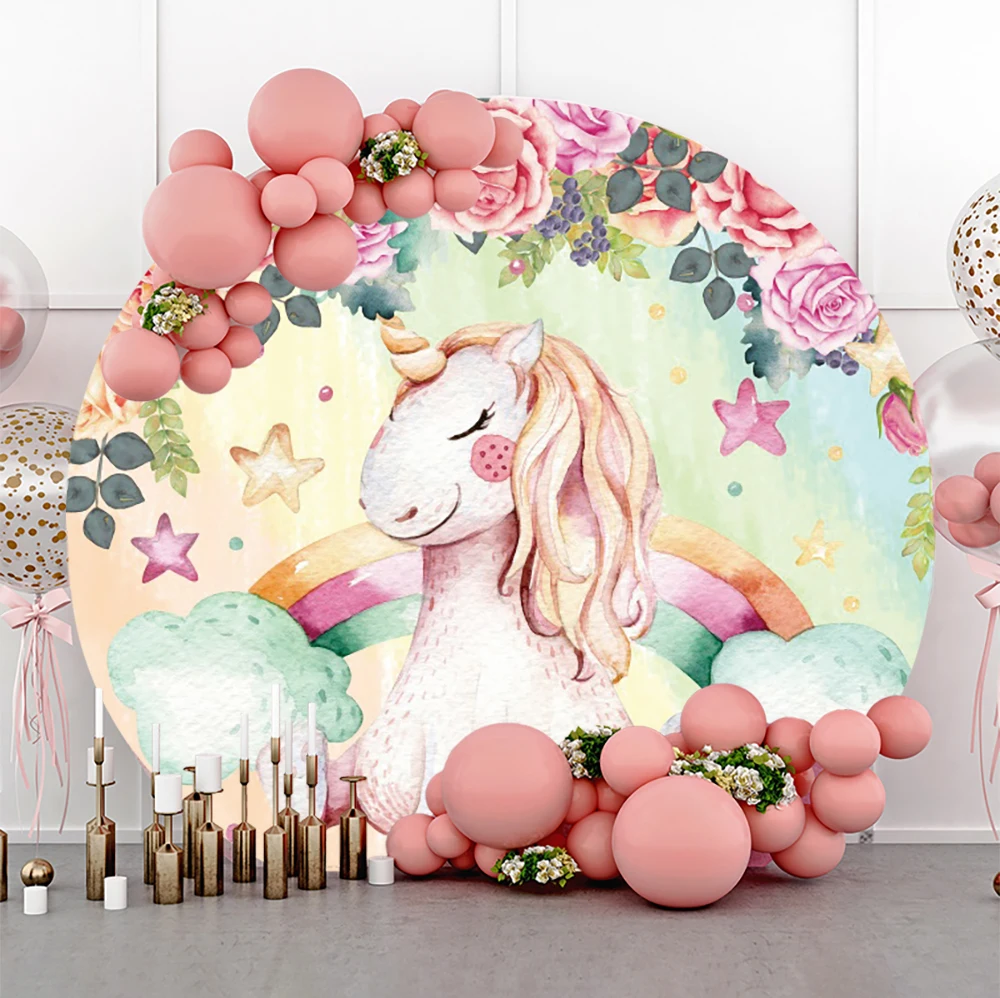 

Cartoon Unicorn Rainbow Background Little Stars Baby Shower Birthday Party Pink Flowers Portrait Decoration Backdrop Props